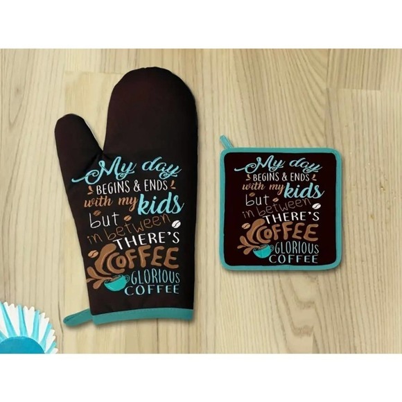 Kids and Coffee Oven Mitt And Pot Holder Set Mom needs coffee blue teal - Picture 3 of 3